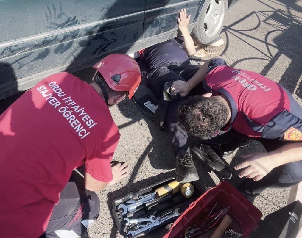 Ordu'da otomobilin egzoz muhafazasına sıkışan yavru kedi kurtarıldı