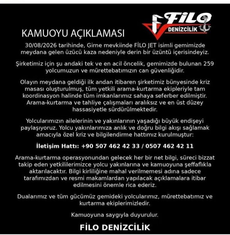 Filo Denizcilik'ten Girne açıklarındaki kaza sonrası açıklama: Yolcu yakınları için kriz ve bilgilendirme hattı kuruldu